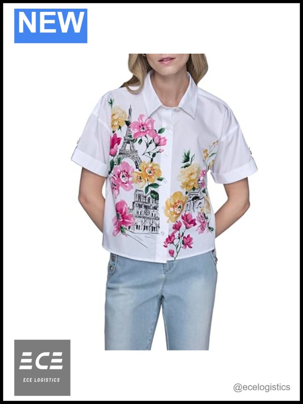 Karl Lagerfeld Floral Graphic Blouse Cap Sleeve Crew Neck Relaxed Fit